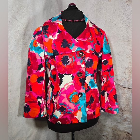 Rafaella Jackets & Blazers - SMALL Rafaella Cropped Red Pink Turquoise Hue Floral Blazer Suit Jacket NWOT